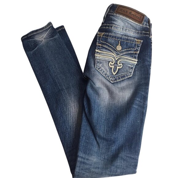 Rock Revival Jeans Womens 25 Alaina Blue  Skinny Distressed Embroidered Pockets - Picture 2 of 16